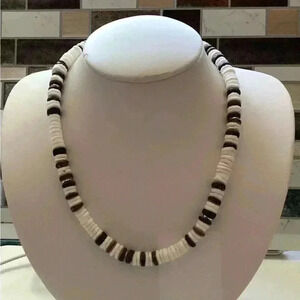 Puka Shell Seashell coconut, wooden beads Natural Necklace Choker Coastal 18”